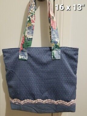 Handbag, Shoulder Tote Bag Fabric Purse Country Denim Blue Lace Pink Nwtag
